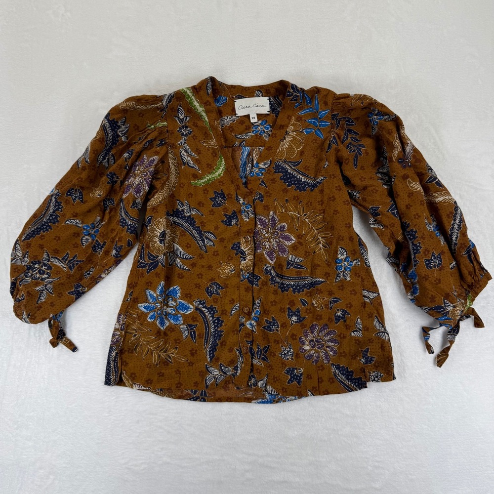 Cara Cara Bohemian Flowy Autumn Floral Date‎ Travel XS Brown Button Down Blouse